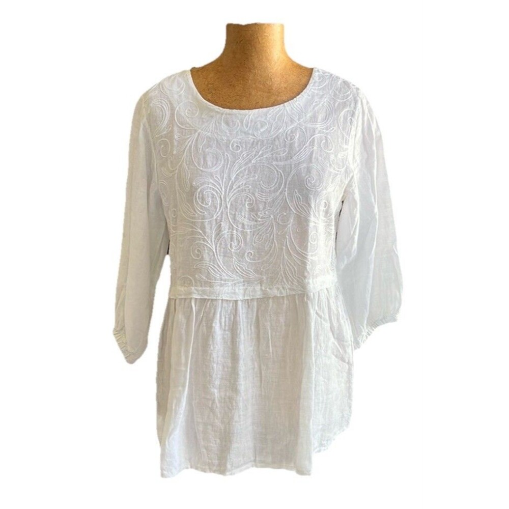 White 100% Italian Linen Peplum Ruffle Top Embroidery 3/4 Sleeve Women’s Large